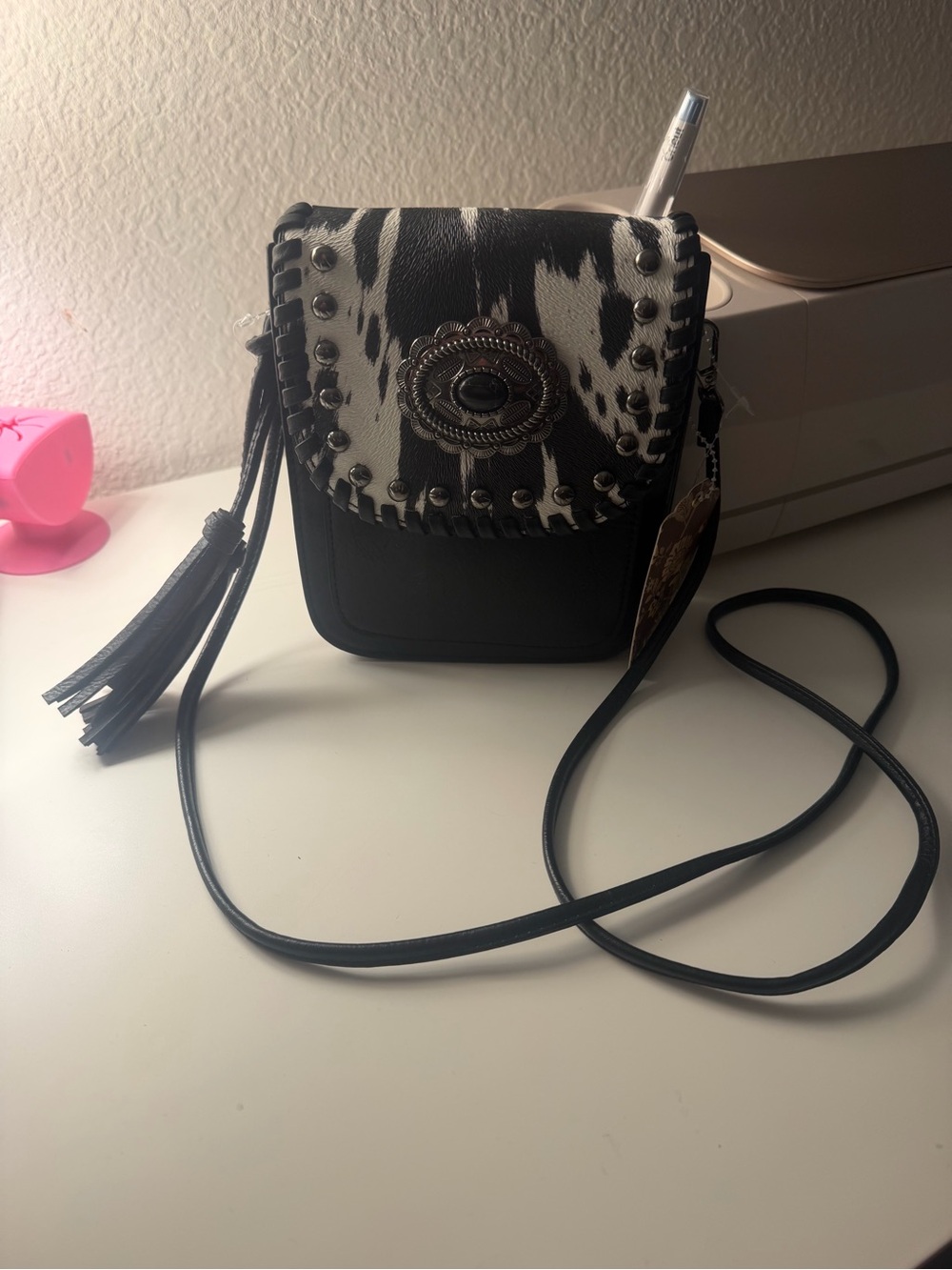 Black Cowhide Accent Crossbody Bag with Concho Detail